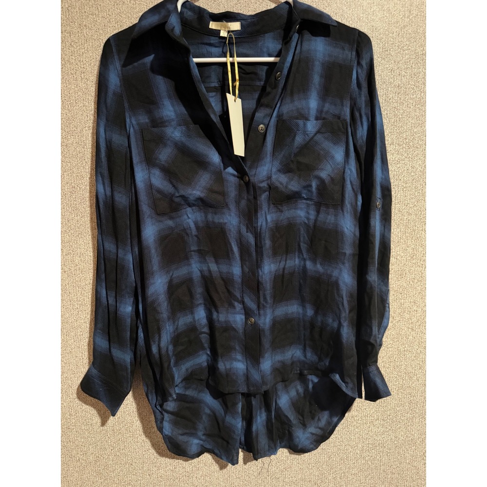 Laju Womens Blue Black Plaid‎ Rayon High Low Button Down Shirt LJ-3001S-SF Small